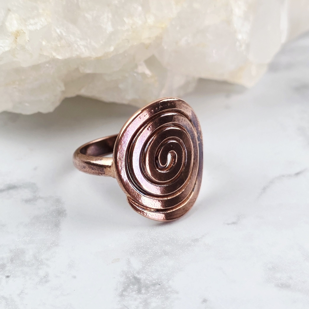 Copper Swirly Ring Jewelry Men Women Size 9 Round Circle Rustic Patina Handmade